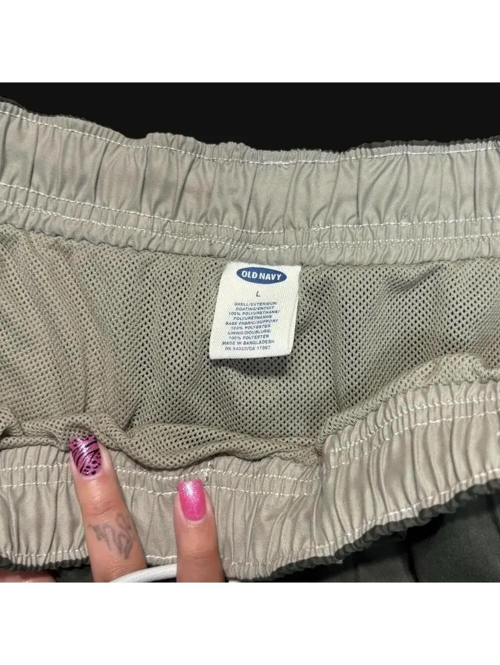 90s y2k indie old navy olive green swim shorts with strips on the side